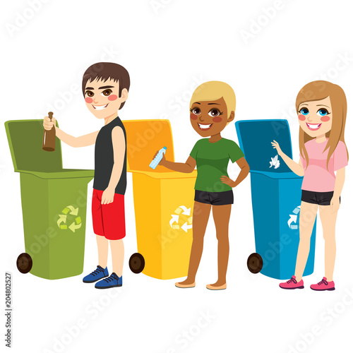 Young teenager boy and girls recycling waste sorting materials paper plastic and glass