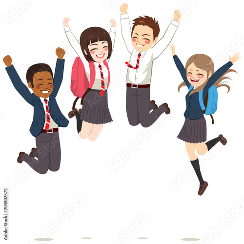 Happy teenager students wearing uniform jumping celebrating success having fun