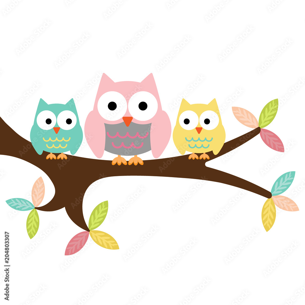 Owl Mom, boy and girl on a branch Owl Mom, boy and girl on a branch