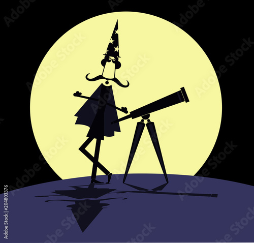 Tela Cartoon stargazer with telescope and full moon illustration