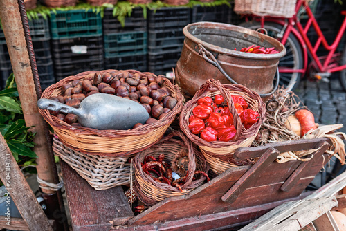 Photography Rome, market detail in Campo de Fiori (fields of flower), chestnuts, hot peppers