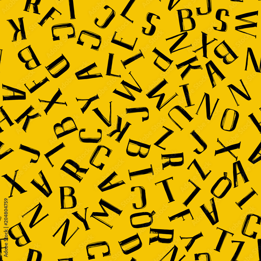 Hand drawn Uppercase letters seamless pattern. Vector illustration. Black on yellow Hand drawn Uppercase letters seamless pattern. Vector illustration. Black on yellow