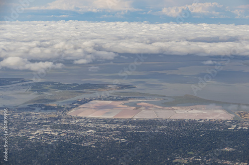 Aerial view of the Bedwell Bayfront Park, wetland and cityscape photo