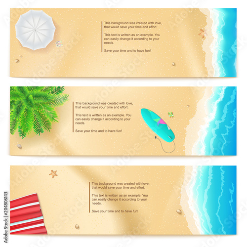 Set of summer travel banners. Tropical landscape, ocean, gold sand, beach Mat, palm, surfboard, top view. Horizontal template for summer touristic events and travel agency actions