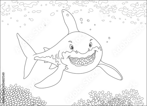 Great white shark swimming over a coral reef in a tropical sea, black and white vector illustration in a cartoon style for a coloring book