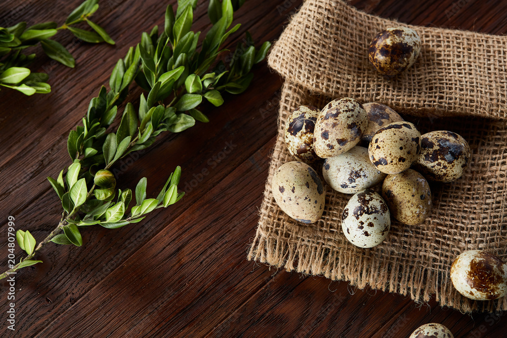 Quail eggs arranged in pyramid on a napkin with boxwood branches over a wooden table, close-up, selective focus. Quail eggs arranged in pyramid on a napkin with boxwood branches over a wooden table, close-up, selective focus.