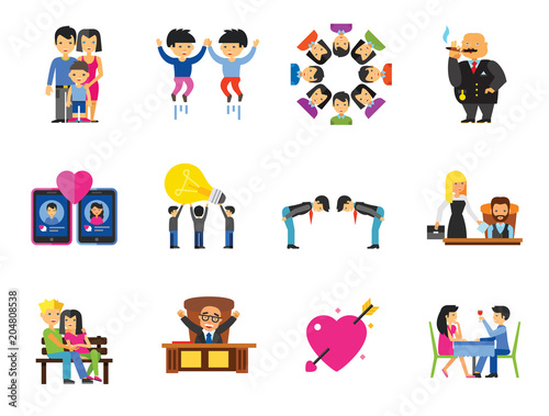 People Icon Set. Family Showing Respect Amour Symbol Couple On Park Bench Dating Team Dinner Friends Greeting Boss Director Common Idea Rich Person