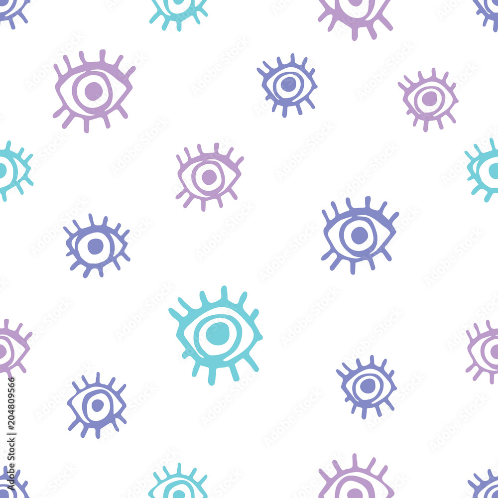Cute eyes seamless pattern. Hand drawn doodle eyes with lashes on white background. Funky kitsch pattern for your design.