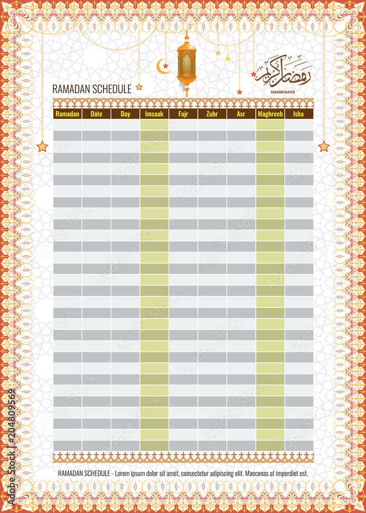 Ramadan Imsakia or Amsakah Calendar Schedule - Fasting and Prayer time  Guide Stock Vector | Adobe Stock