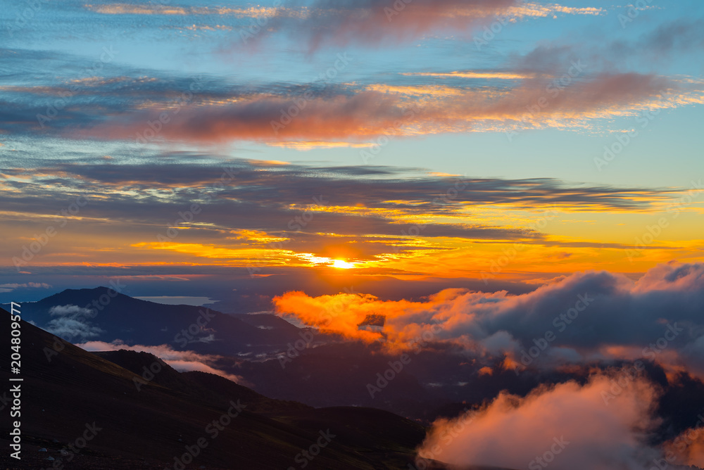 Sunset landscape in the heights of the Antillanca Volcano, in Puyehue. South of Chile