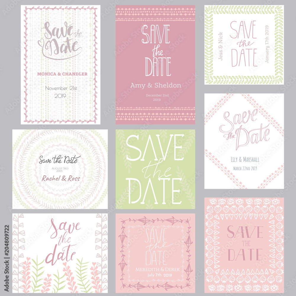 Pastel invitation templates collection isolated on background. Save the date cards with hand drawn decoration. Wedding or any event invitation design set.