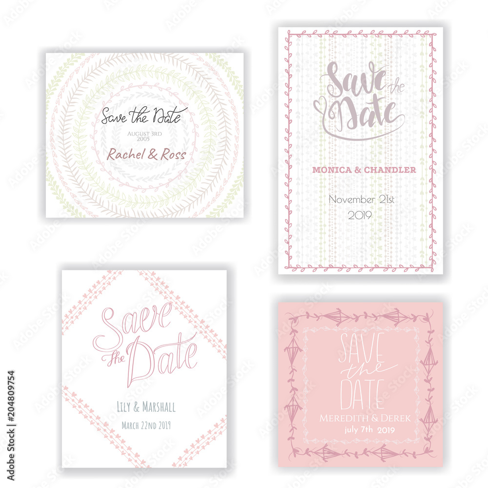 Pastel invitation templates collection isolated on background. Save the date cards with hand drawn decoration. Wedding or any event invitation design set. Pastel invitation templates collection isolated on background. Save the date cards with hand drawn decoration. Wedding or any event invitation design set.