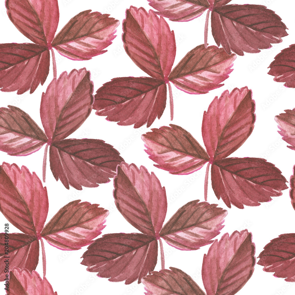 Red strawberry leaves watercolor seamless pattern. Hand painted autumn leaves on white background.