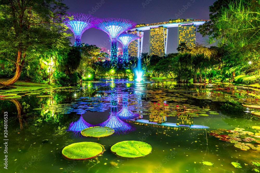Fototapeta premium Spektakularna panorama Gardens by the Bay z niebieskim i fioletowym oświetleniem oraz nowoczesnym wieżowcem odbijającym się nocą w stawie z liliami wodnymi. Obszar zatoki Marina w środkowym Singapurze, w Azji Południowo-Wschodniej.