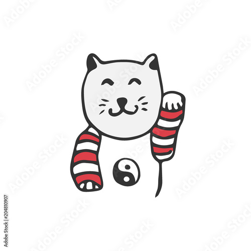 Japanese maneki neko cat. Vector good luck sign. Doodle illustration.