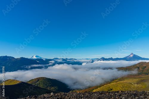 Natural landscape of the Andes mountain range in southern Chile, the Puntiagudo and Tronador volcano is observed in the background photo