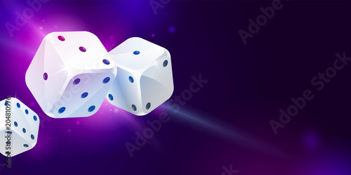 Shiny background with three white game dices and copy space on dark blue. Casino gambling. Poker, table craps