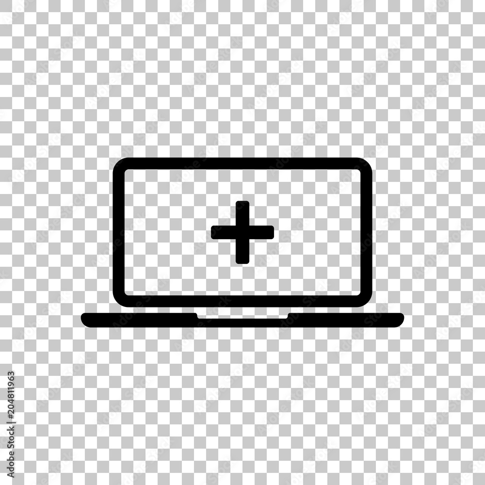 Obraz premium Laptop or notebook computer with medical cross on screen. Simple icon. On transparent background.