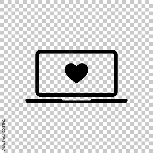 Laptop or notebook computer with heart on screen. Simple icon. On transparent background.