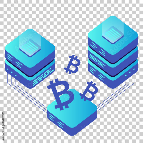 Mining bitcoin server vector icon in isometric style. Blockchain crypto money farm datacenter illustration on isolated transparent background. Block chain concept.