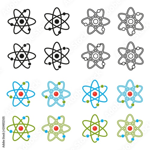 Vector illustration. Atom icons set. Proton and electron and orbits. Colour and black outline icons set. Science icon.