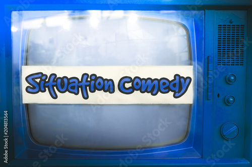 Photography situation comedy blue tv series genre television label old tv text sitcom vintag