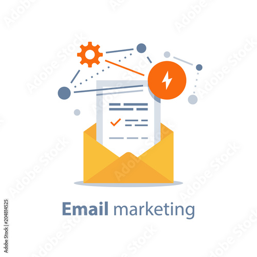 Newsletter concept, email marketing strategy, opened envelope, writing letter, summary news rss services
