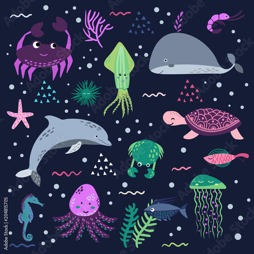 Sea life. Underwater world. Fish, jellyfish, sea bottom, backwaters ship, algae, treasure. Vector flat illustrations and icon set