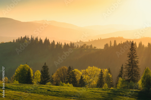 Golden evening in a misty Carpathians