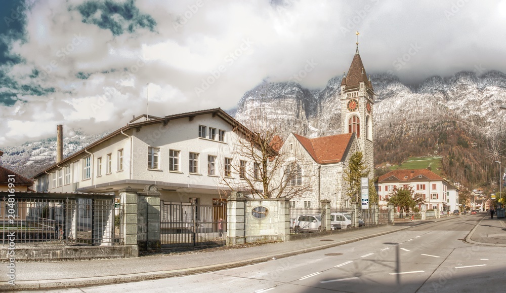 Naklejka premium Walenstadt, Church and Churfirsten