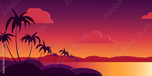 Illustration of a sunset by the ocean. Origami background. Tropical night.