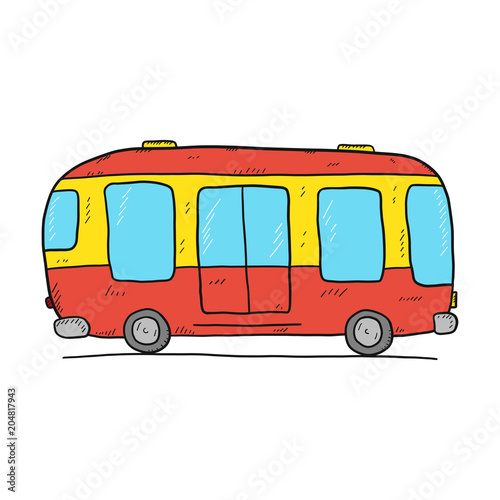 Hand drawn cartoon bus icon isolated on white background.