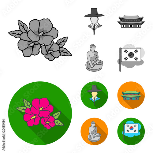 Korean in national headdress, Korean monastery, Buddha figurine, national flag. South Korea set collection icons in monochrome,flat style vector symbol stock illustration web. photo