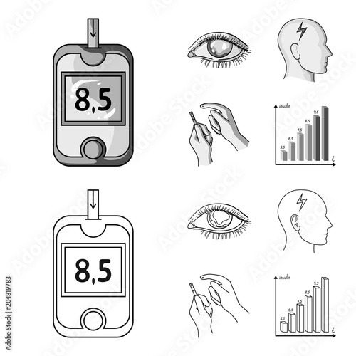 Poor vision, headache, glucose test, insulin dependence. Diabetic set collection icons in outline,monochrome style vector symbol stock illustration web.