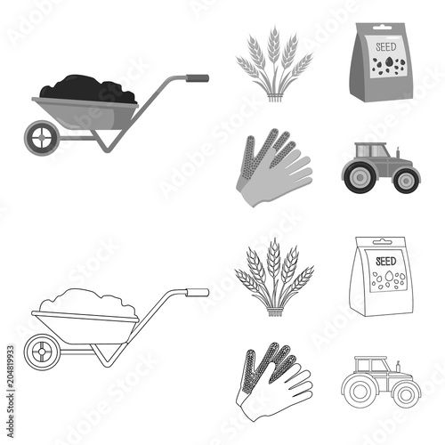Spikelets of wheat, a packet of seeds, a tractor, gloves.Farm set collection icons in outline,monochrome style vector symbol stock illustration web.