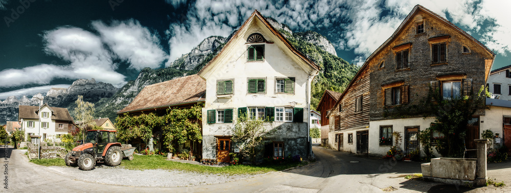 Farmhouses in the Swiss village of Berschis, Walenstadt