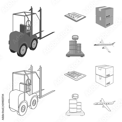 Forklift, delivery slips, packaged goods, cargo on weighing scales. Logistics and delivery set collection icons in outline,monochrome style isometric vector symbol stock illustration web.