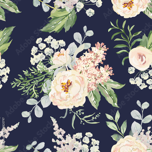 Blush cream bouquets on the navy background. Vector seamless pattern with garden flowers. Peony, lilac, fern and green leaves. Romantic illustration.