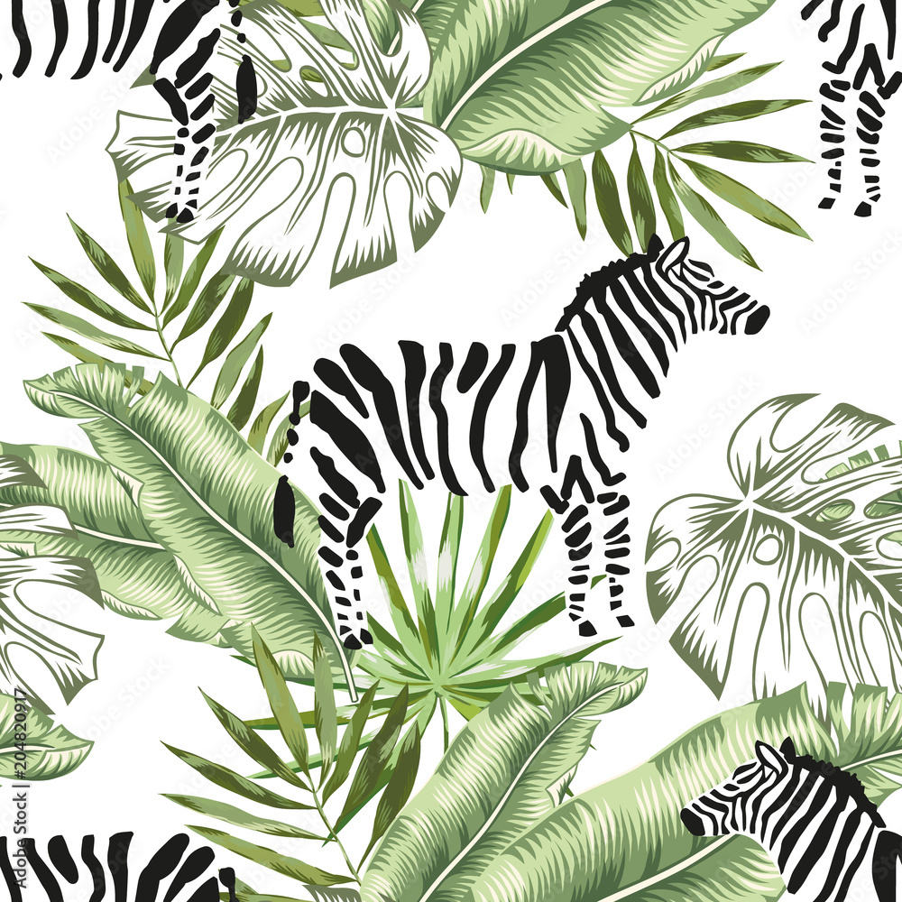 Fototapeta premium Zebra animals and green banana, monstera palm leaves background. Vector floral seamless pattern. Tropical jungle foliage illustration. Exotic plants greenery. Summer beach design. Paradise nature.