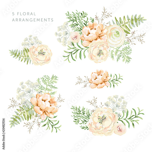 Set of the floral arrangements. Blush and cream peonies with forest green leaves and fern. Vector romantic flowers. Delicate greenery bouquets.