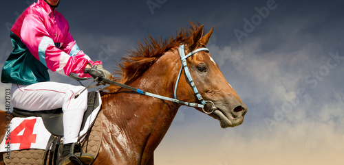 Jokey on a thoroughbred horse runs isolated on color background © Dotana