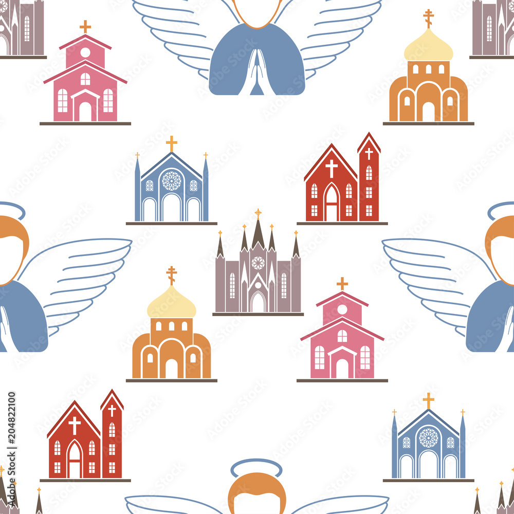 Christianity religion vector religionism flat illustration seamless pattern background holy sign silhouette praying religionary christian faith religionist priest church traditional culture symbol.