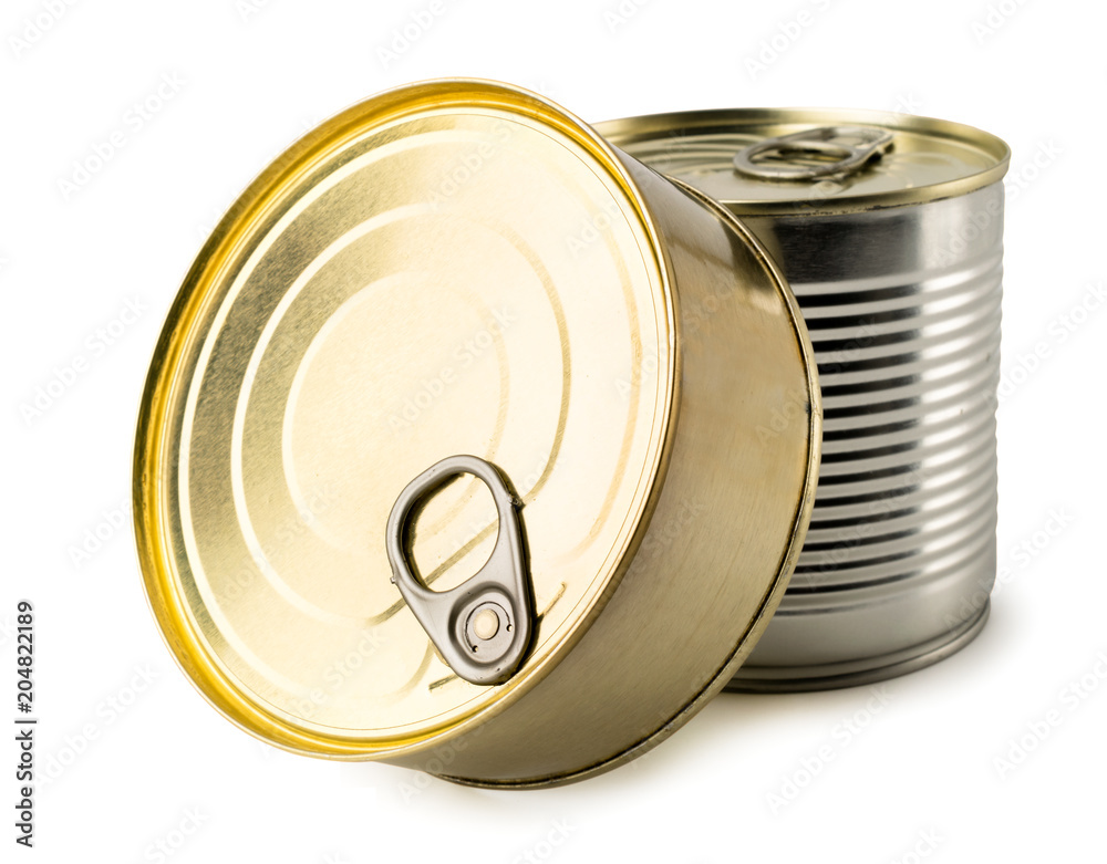 Two iron canned food on a white, close up. Two iron canned food on a white, close up.
