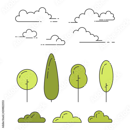 Natural park elements set of trees, shrubs and clouds in line art with editable stroke isolated on white background.