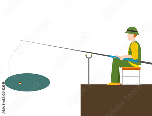 Fishing fishermen vector catches fish fisher threw rod into water catch and spin, man pulls net out of the river character vector illustration