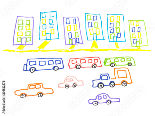 Kid doodle of city landscape with multistorey buildings and traffic on road isolated on white background.
