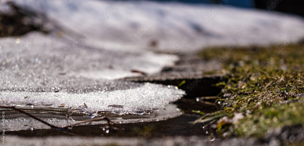 Ice melts over puddles with spring water Ice melts over puddles with spring water
