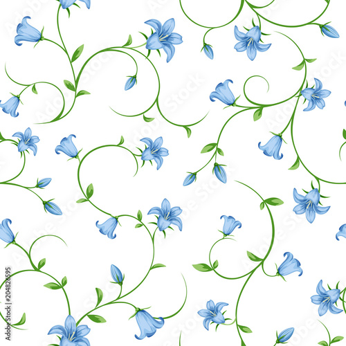 Vector seamless pattern with small blue bluebell flowers on white.