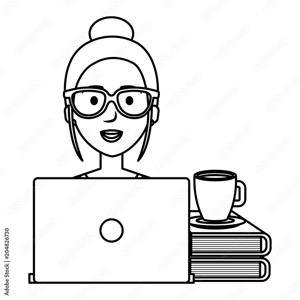 beautiful woman with laptop and books vector illustration design