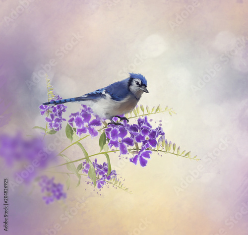 Blue Jay Perching on Blue Flowers watercolor